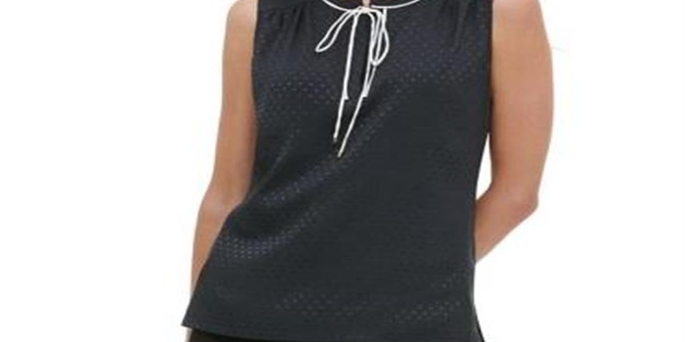 Blusa Tommy Hilfiger Feminina Sem Mangas Estampada com Bolinhas e Gola Amarrada, Preta, Tamanho X-G