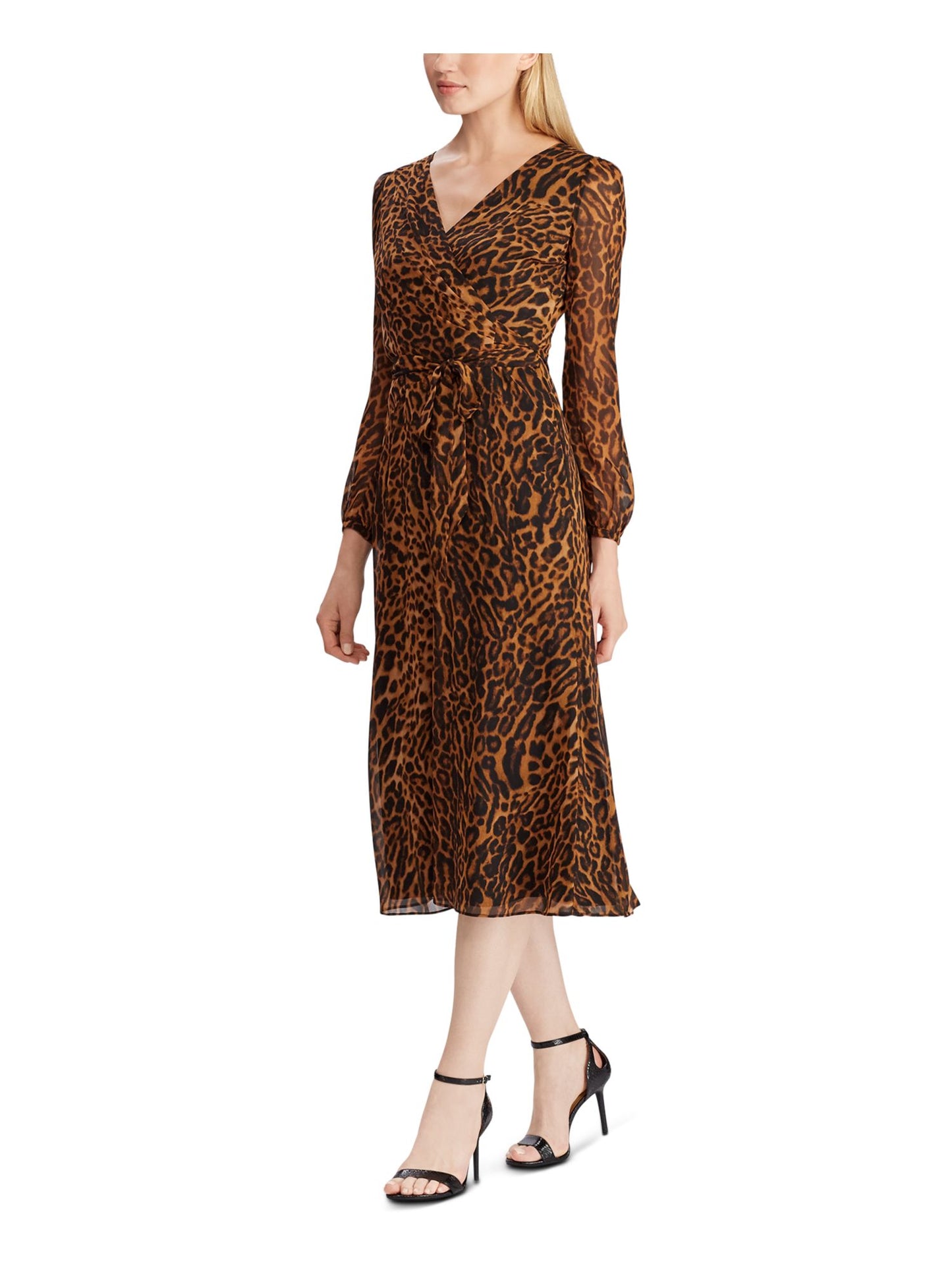 Vestido envelope falso com estampa animal Ralph Lauren feminino, manga comprida, decote em V, comprimento chá, marrom, tamanho 2