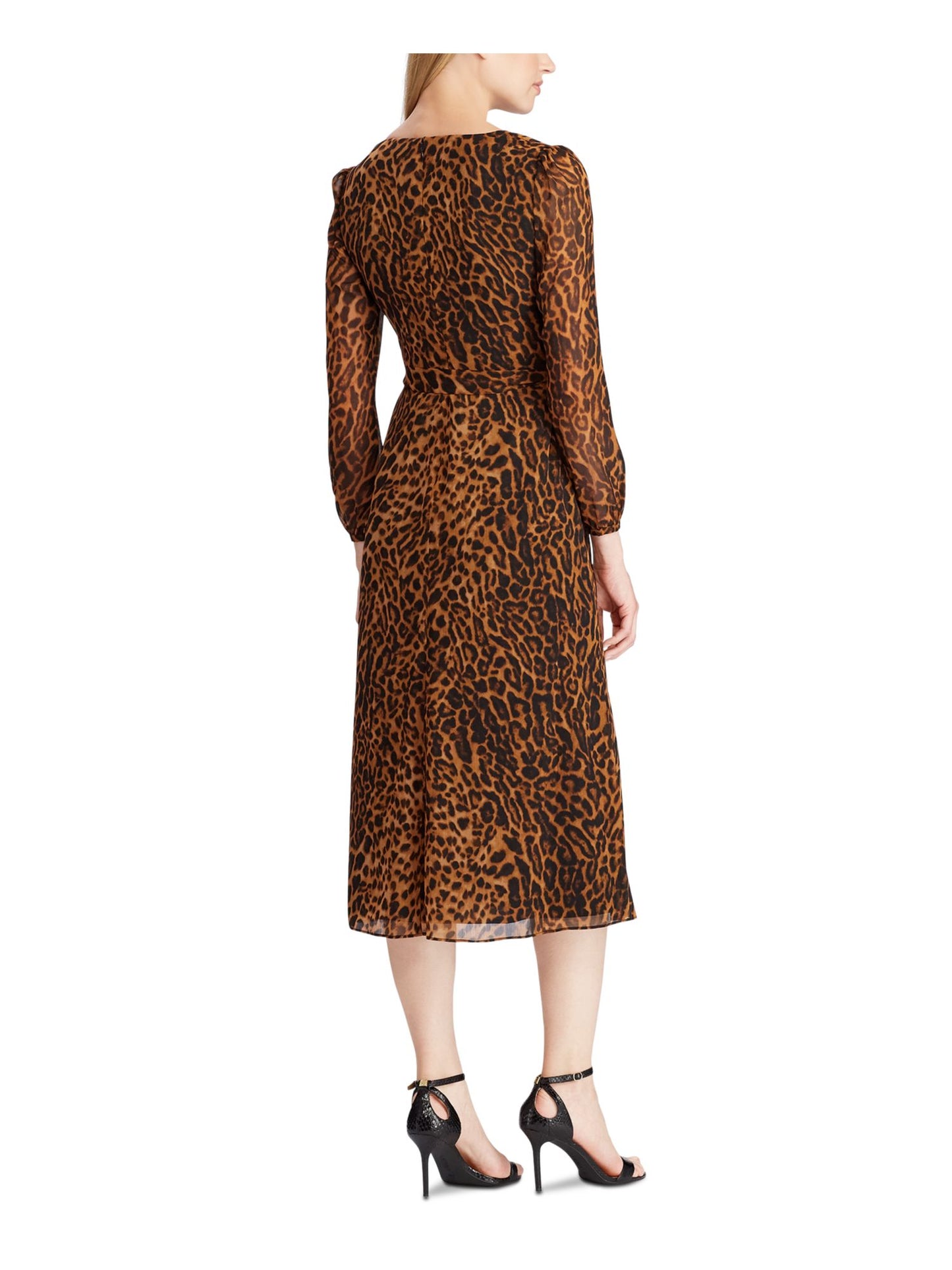 Vestido envelope falso com estampa animal Ralph Lauren feminino, manga comprida, decote em V, comprimento chá, marrom, tamanho 2