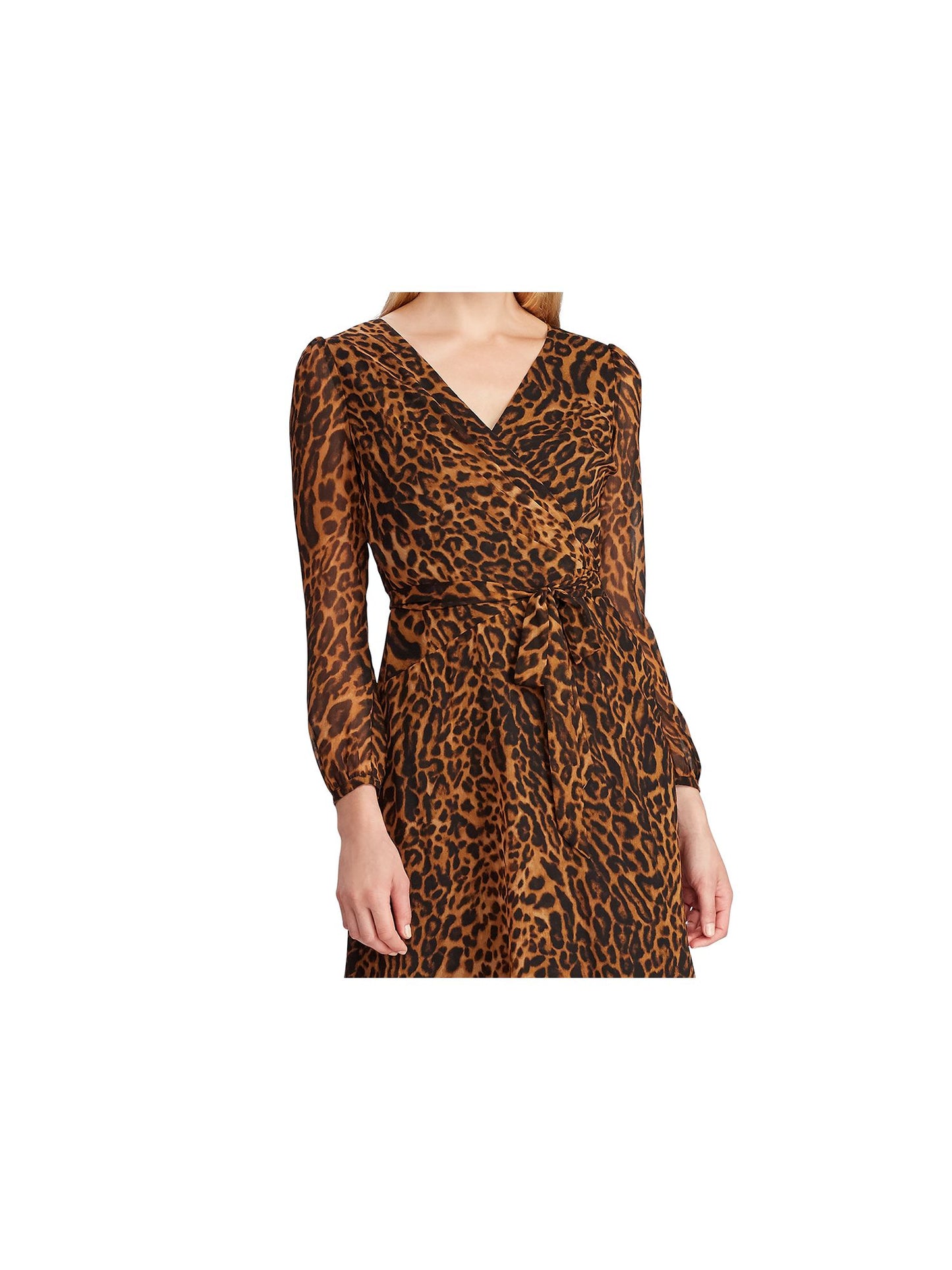 Vestido envelope falso com estampa animal Ralph Lauren feminino, manga comprida, decote em V, comprimento chá, marrom, tamanho 2