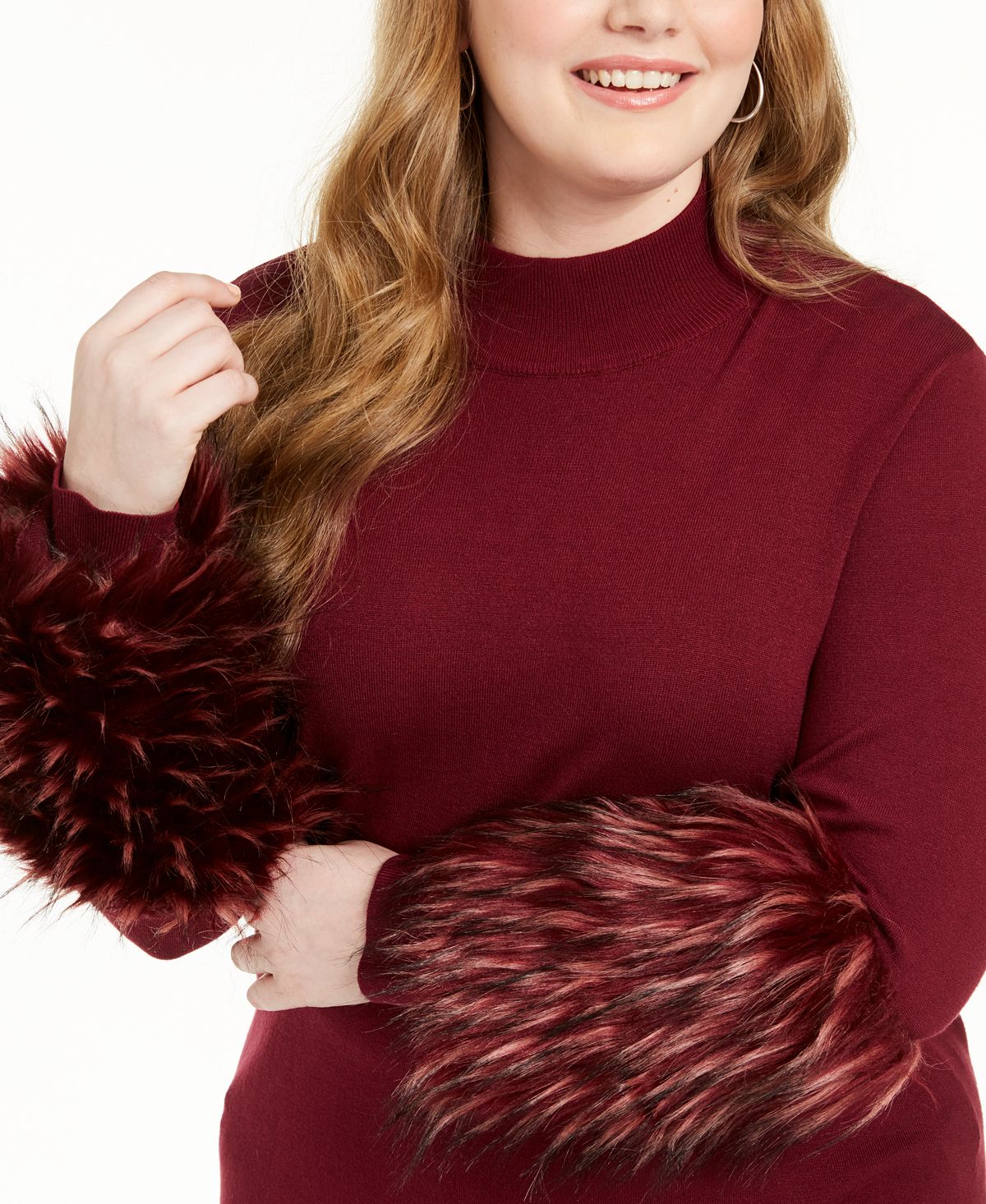 Alfani Feminino Plus Faux Fur Cuff Mock Neck Túnica Suéter Vermelho Tamanho 4X