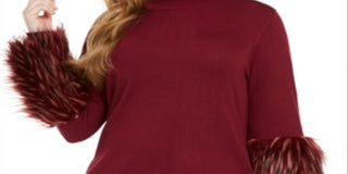 Alfani Feminino Plus Faux Fur Cuff Mock Neck Túnica Suéter Vermelho Tamanho 4X
