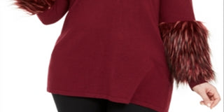 Alfani Feminino Plus Faux Fur Cuff Mock Neck Túnica Suéter Vermelho Tamanho 4X