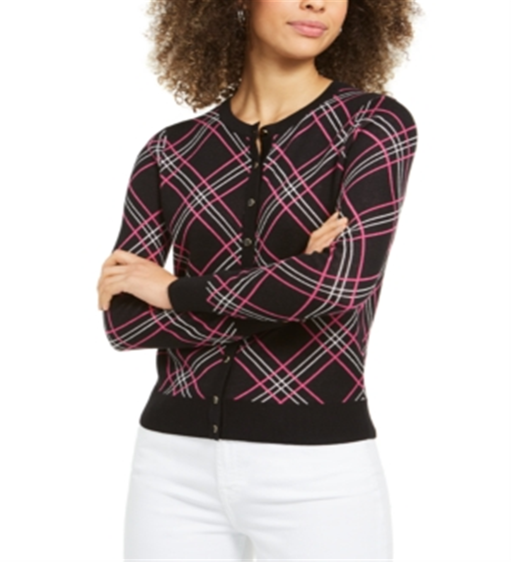 Cardigan xadrez feminino Charter Club, preto, tamanho XX-G