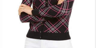 Cardigan xadrez feminino Charter Club, preto, tamanho XX-G
