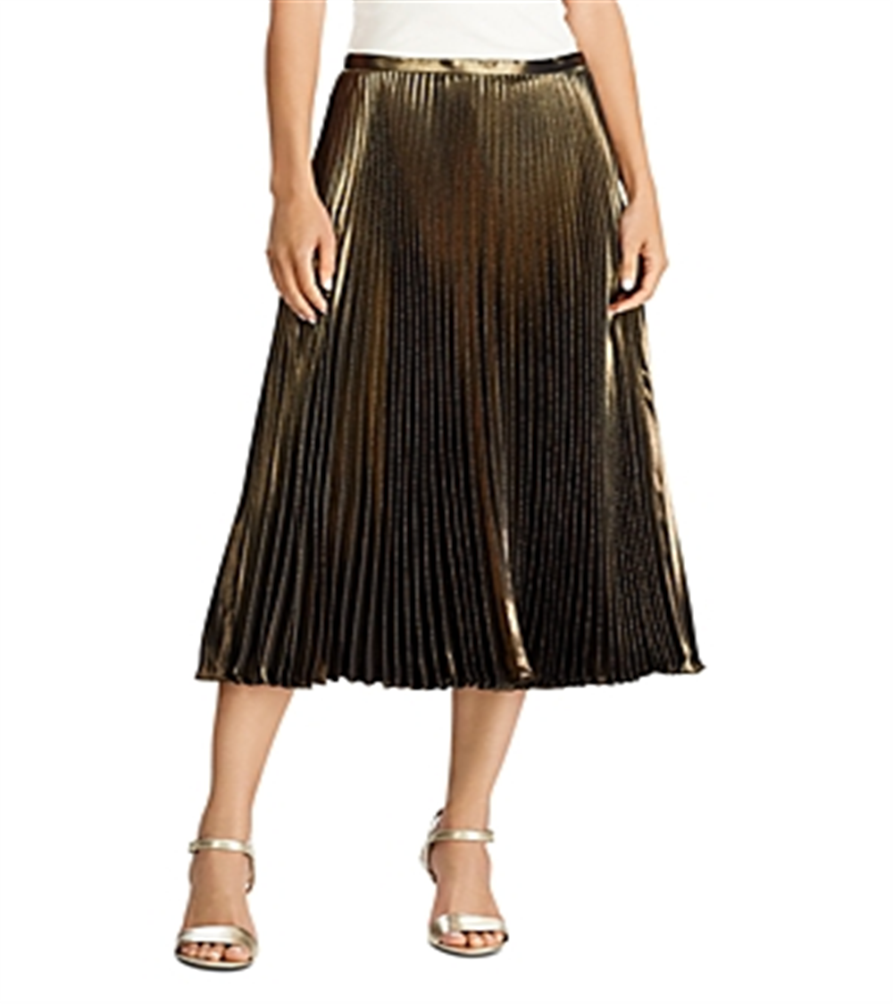 Saia MIDI Feminina Ralph Lauren Metálica Plissada - Dourada Tamanho 16