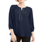 Blusa feminina JM Collection com pregas nas costas e rebites, azul, tamanho pequeno