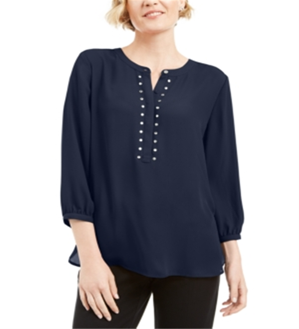 Blusa feminina JM Collection com pregas nas costas e rebites, azul, tamanho pequeno