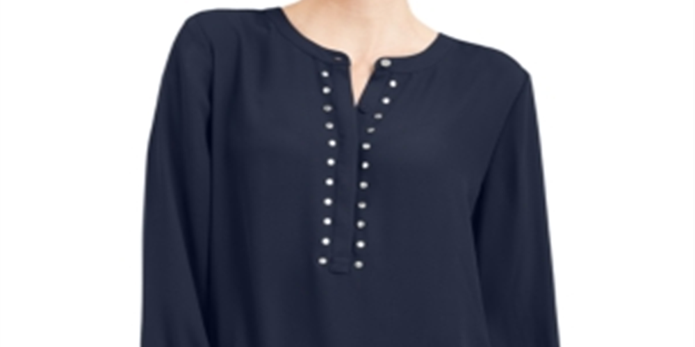 Blusa feminina JM Collection com pregas nas costas e rebites, azul, tamanho pequeno