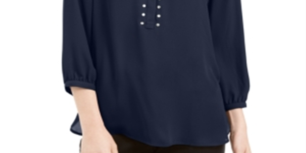 Blusa feminina JM Collection com pregas nas costas e rebites, azul, tamanho pequeno
