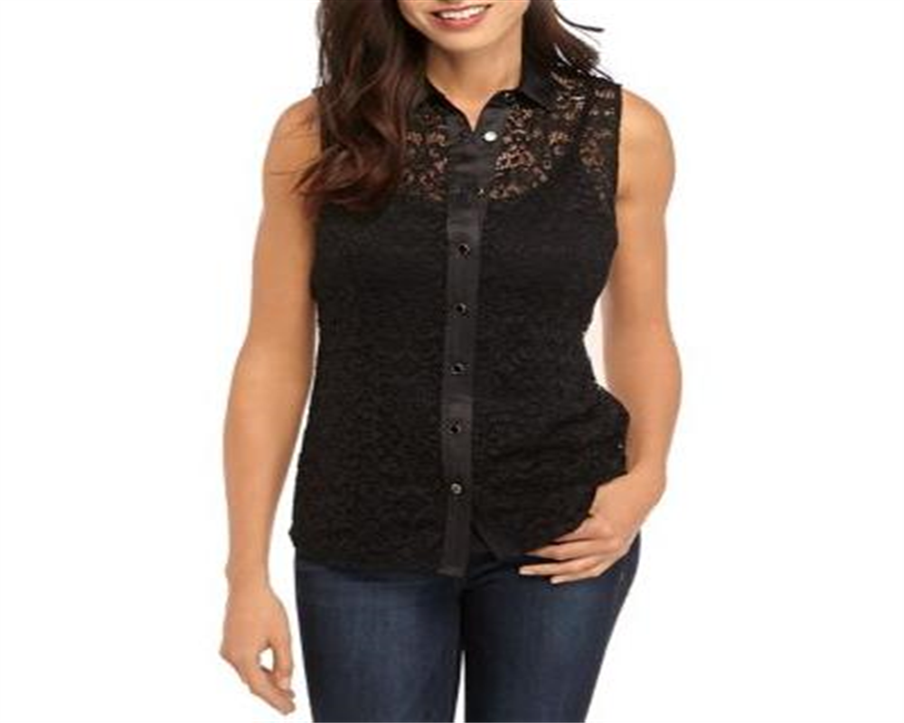 Blusa feminina Anne Klein com cordão e renda, sem mangas, com botões frontais, preta, tamanho 16