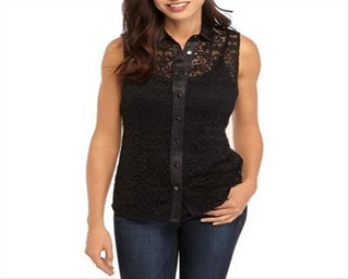 Blusa feminina Anne Klein com cordão e renda, sem mangas, com botões frontais, preta, tamanho 16