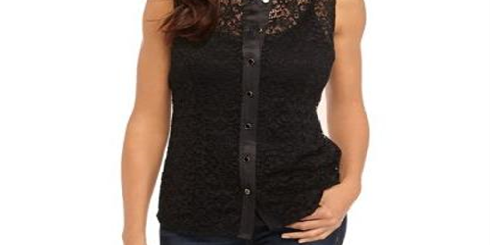Blusa feminina Anne Klein com cordão e renda, sem mangas, com botões frontais, preta, tamanho 16