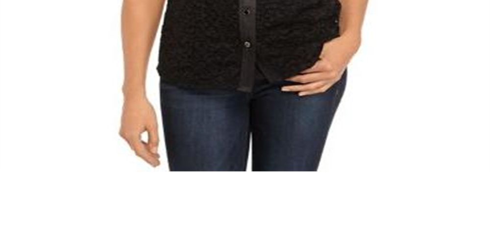 Blusa feminina Anne Klein com cordão e renda, sem mangas, com botões frontais, preta, tamanho 16