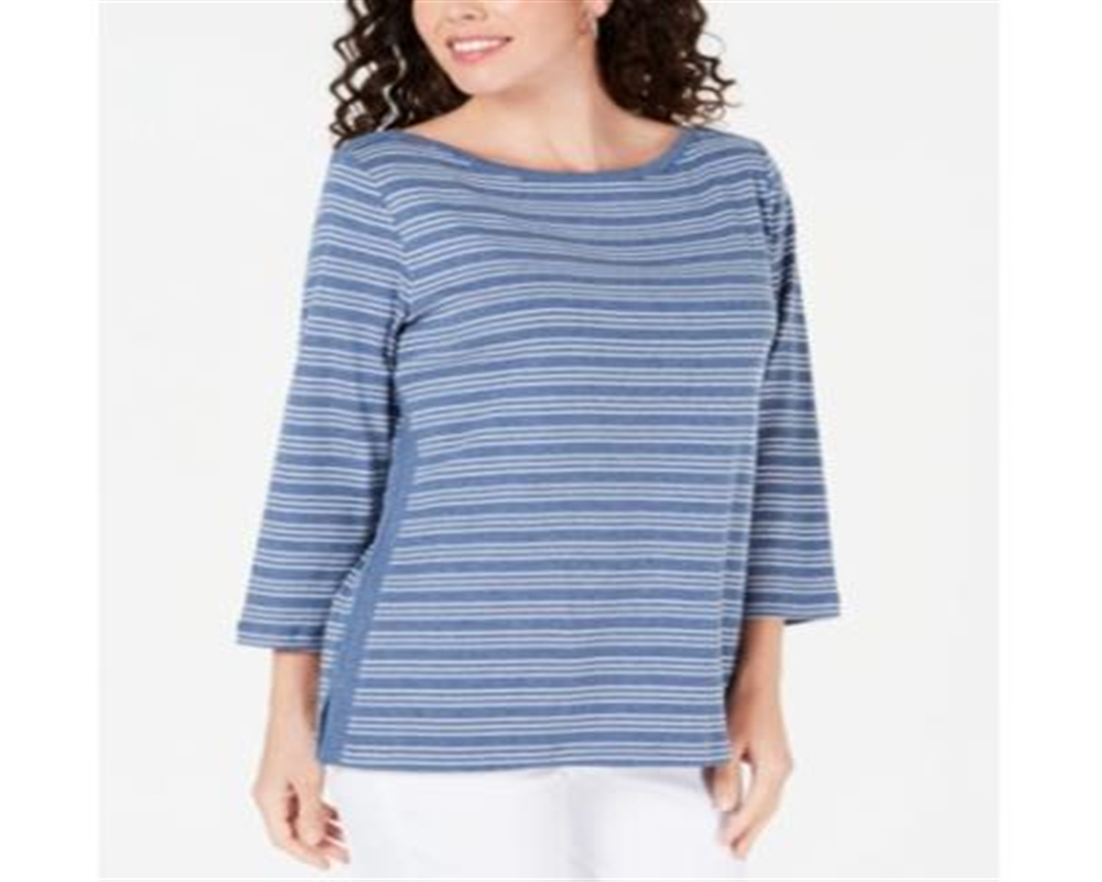 Blusa feminina Karen Scott de algodão listrada com bainha ventilada, azul, tamanho extragrande