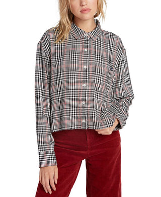 Camisa Volcom Feminina Júnior Fad Friend Ombro Caído com Botões, Xadrez Preto, Tamanho XS