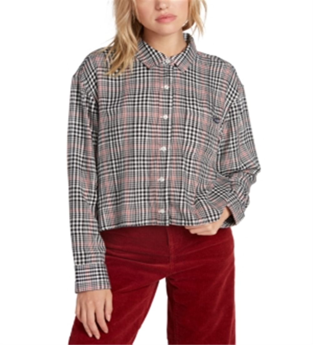 Camisa Volcom Feminina Júnior Fad Friend Ombro Caído com Botões, Xadrez Preto, Tamanho XS