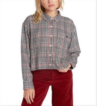 Camisa Volcom Feminina Júnior Fad Friend Ombro Caído com Botões, Xadrez Preto, Tamanho XS