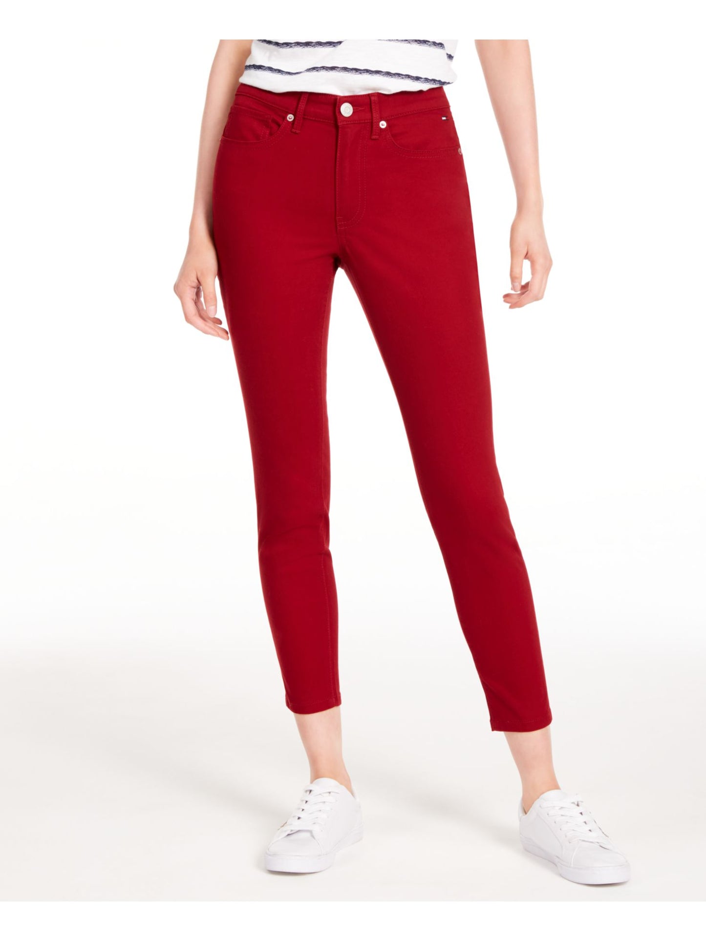 Calça jeans feminina Tommy Hilfiger com zíper vermelha, tamanho 10