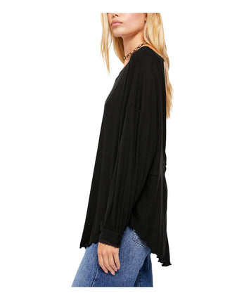 Blusa feminina Free People com decote redondo e manga comprida, preta, tamanho pequeno