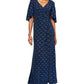 Vestido de noite feminino Alex Evenings com glitter, manga curta, decote em V, maxi bainha, azul, tamanho 14