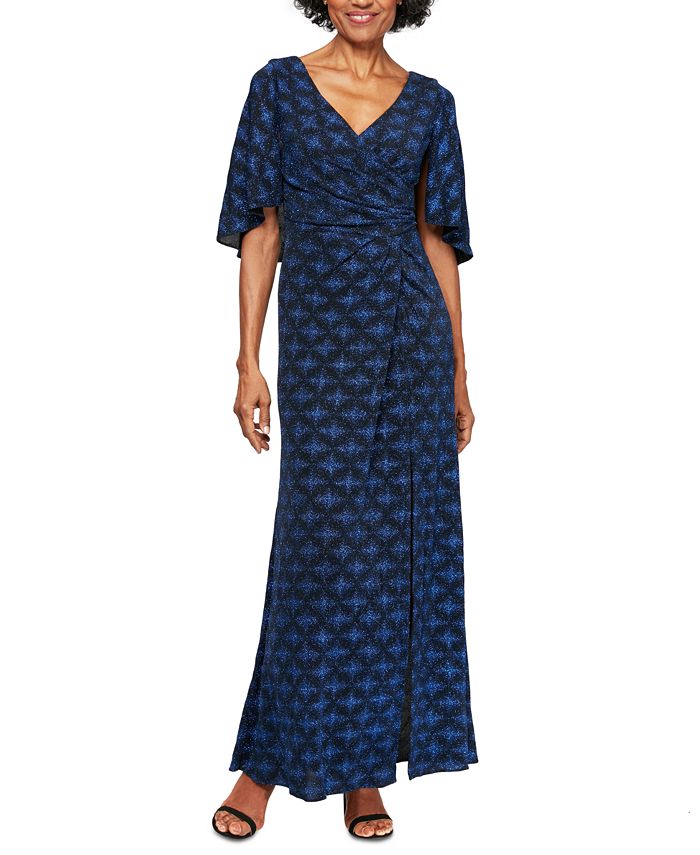 Vestido de noite feminino Alex Evenings com glitter, manga curta, decote em V, maxi bainha, azul, tamanho 14