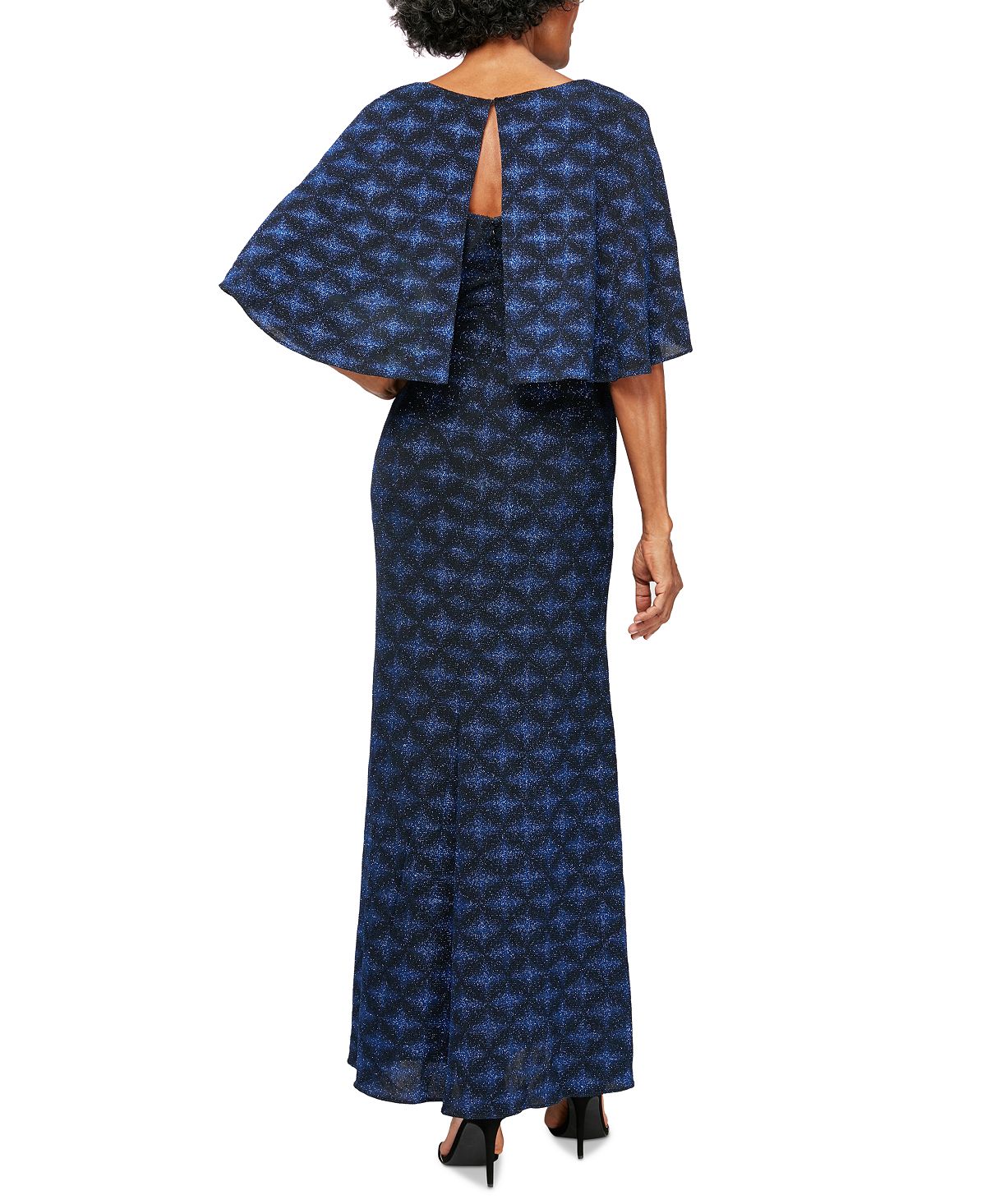 Vestido de noite feminino Alex Evenings com glitter, manga curta, decote em V, maxi bainha, azul, tamanho 14