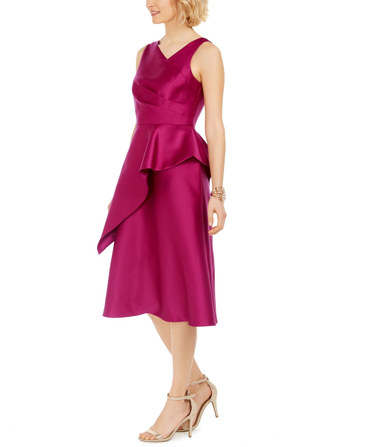 Vestido formal feminino Adrianna Papell, liso, sem mangas, decote em V, comprimento até o joelho, estilo flare, rosa, tamanho 16