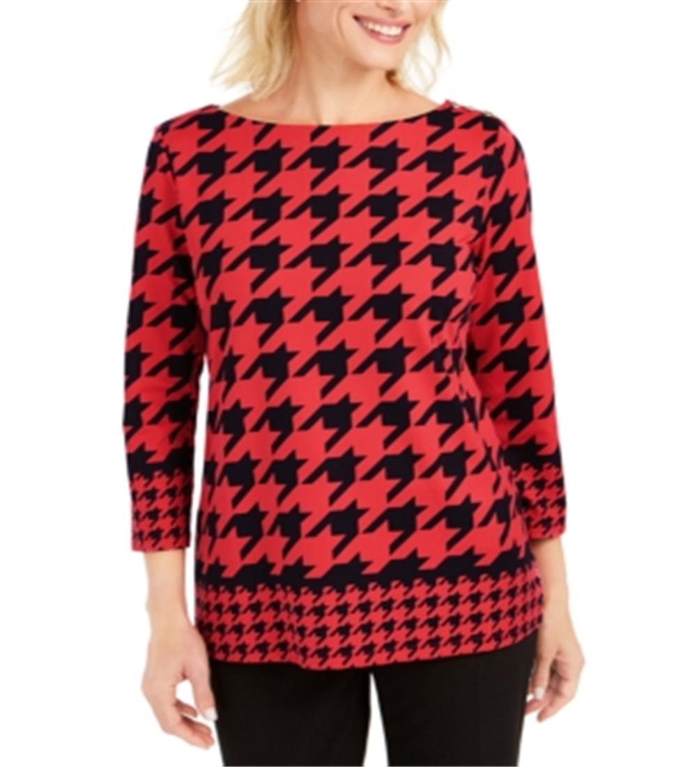 Blusa feminina Charter Club com estampa pied-de-poule e manga 3/4, vermelha, tamanho X-S