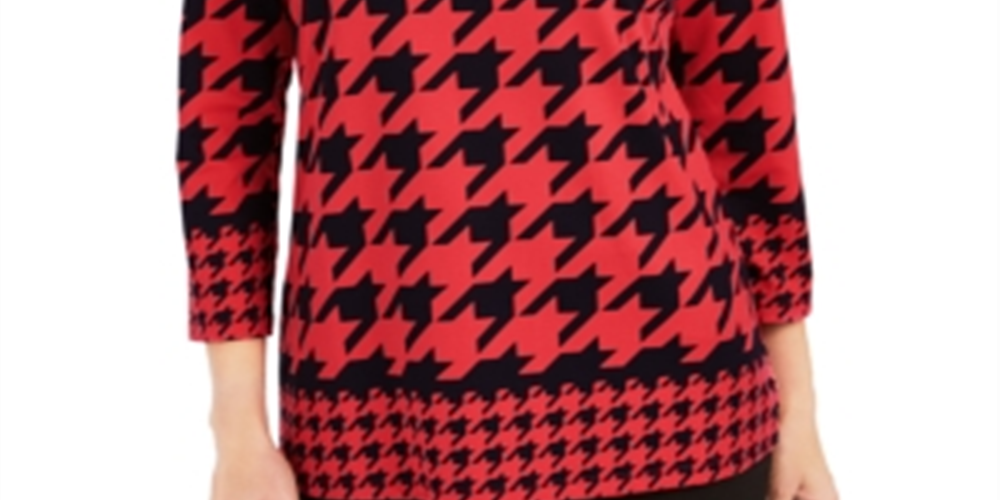 Blusa feminina Charter Club com estampa pied-de-poule e manga 3/4, vermelha, tamanho X-S