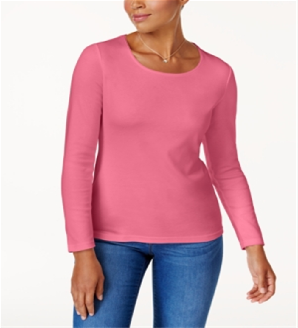 Blusa feminina Karen Scott de algodão com decote redondo, rosa, tamanho pequeno