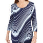 Camiseta feminina com estampa de redemoinho e manga 3/4 da coleção JM, azul, tamanho X-S