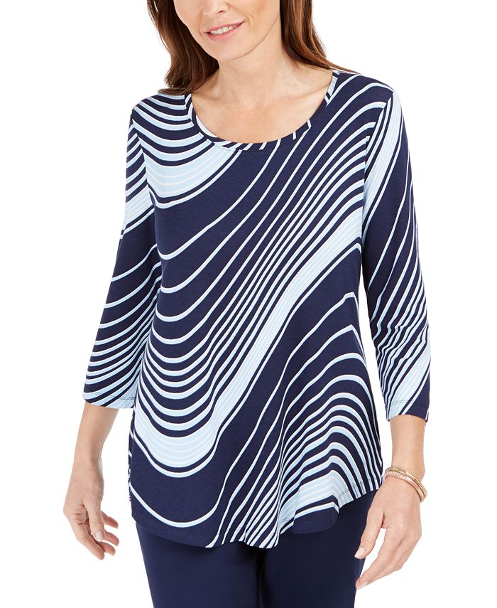 Camiseta feminina com estampa de redemoinho e manga 3/4 da coleção JM, azul, tamanho X-S