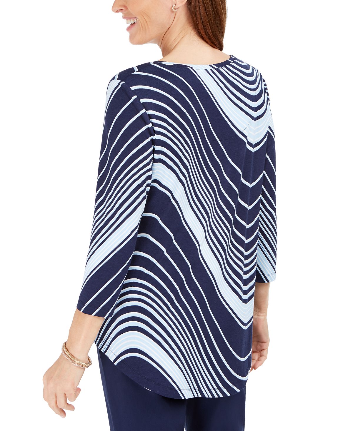 Camiseta feminina com estampa de redemoinho e manga 3/4 da coleção JM, azul, tamanho X-S