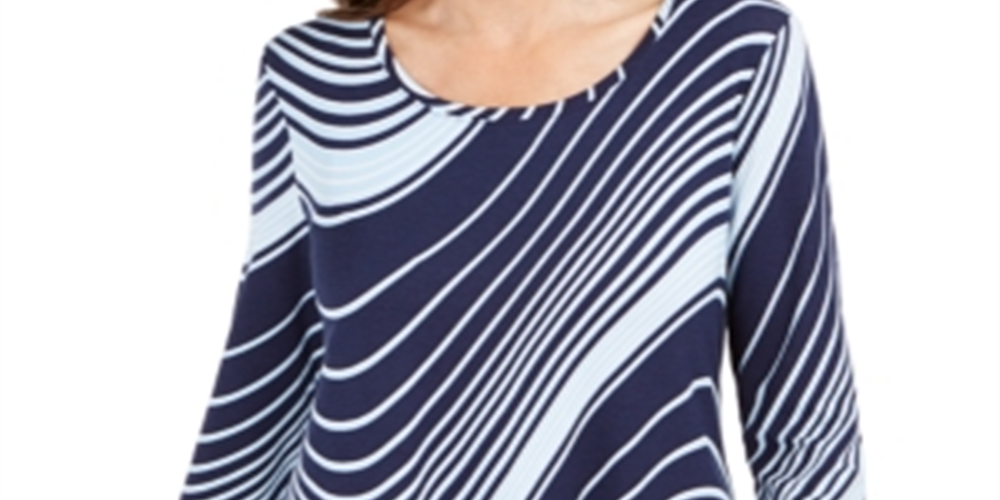 Camiseta feminina com estampa de redemoinho e manga 3/4 da coleção JM, azul, tamanho X-S