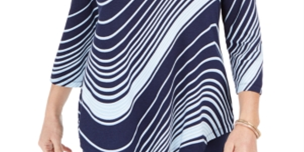 Camiseta feminina com estampa de redemoinho e manga 3/4 da coleção JM, azul, tamanho X-S