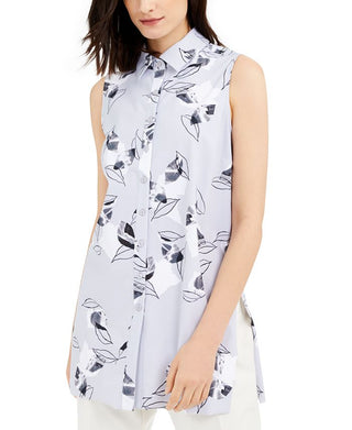 Túnica Alfani Feminina Estampada de Folhas Cinza Tamanho Petite S