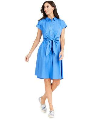 Vestido feminino Charter Club de algodão com amarração na cintura e ajuste evasê, azul, tamanho 16