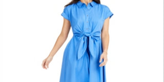 Vestido feminino Charter Club de algodão com amarração na cintura e ajuste evasê, azul, tamanho 16