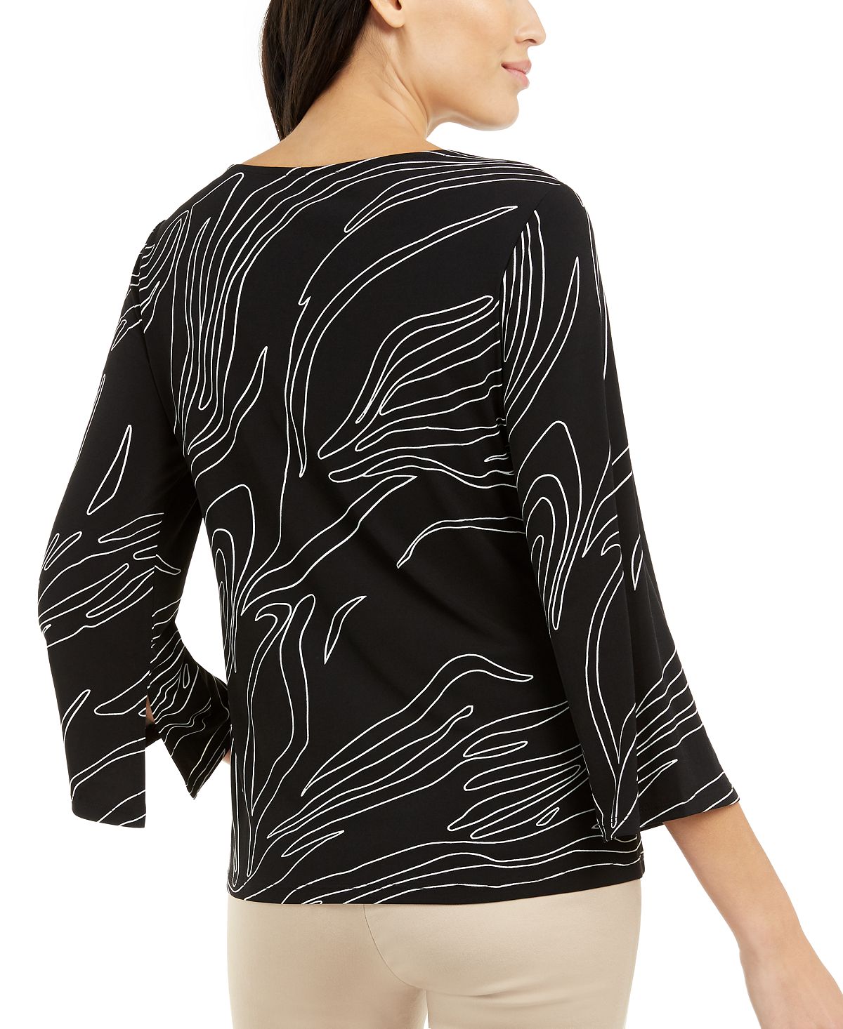 Blusa feminina Alfani estampada com decote assimétrico, preta, tamanho pequeno