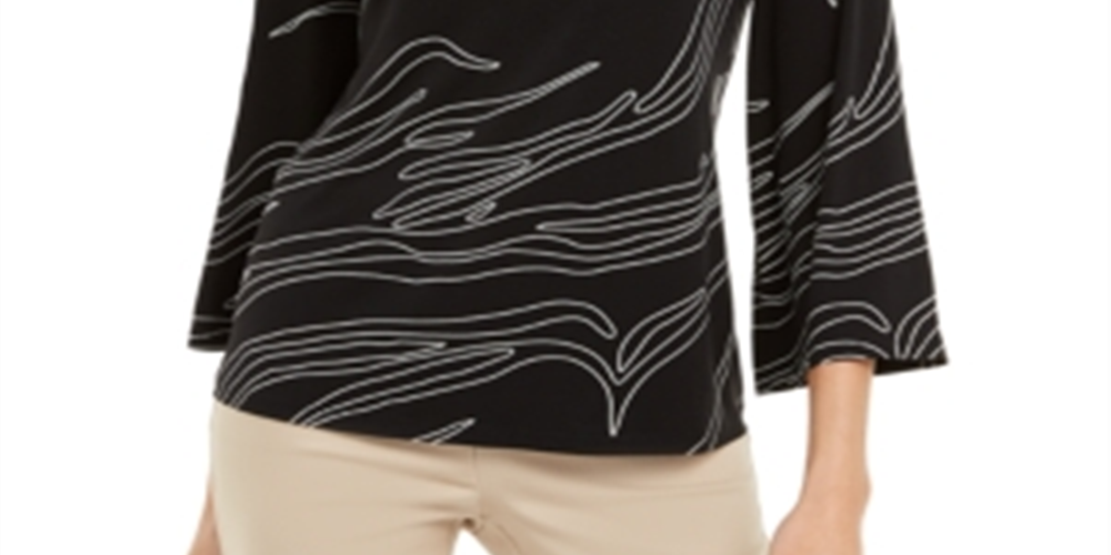 Blusa feminina Alfani estampada com decote assimétrico, preta, tamanho pequeno