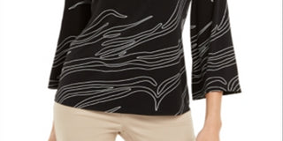 Blusa feminina Alfani estampada com decote assimétrico, preta, tamanho pequeno