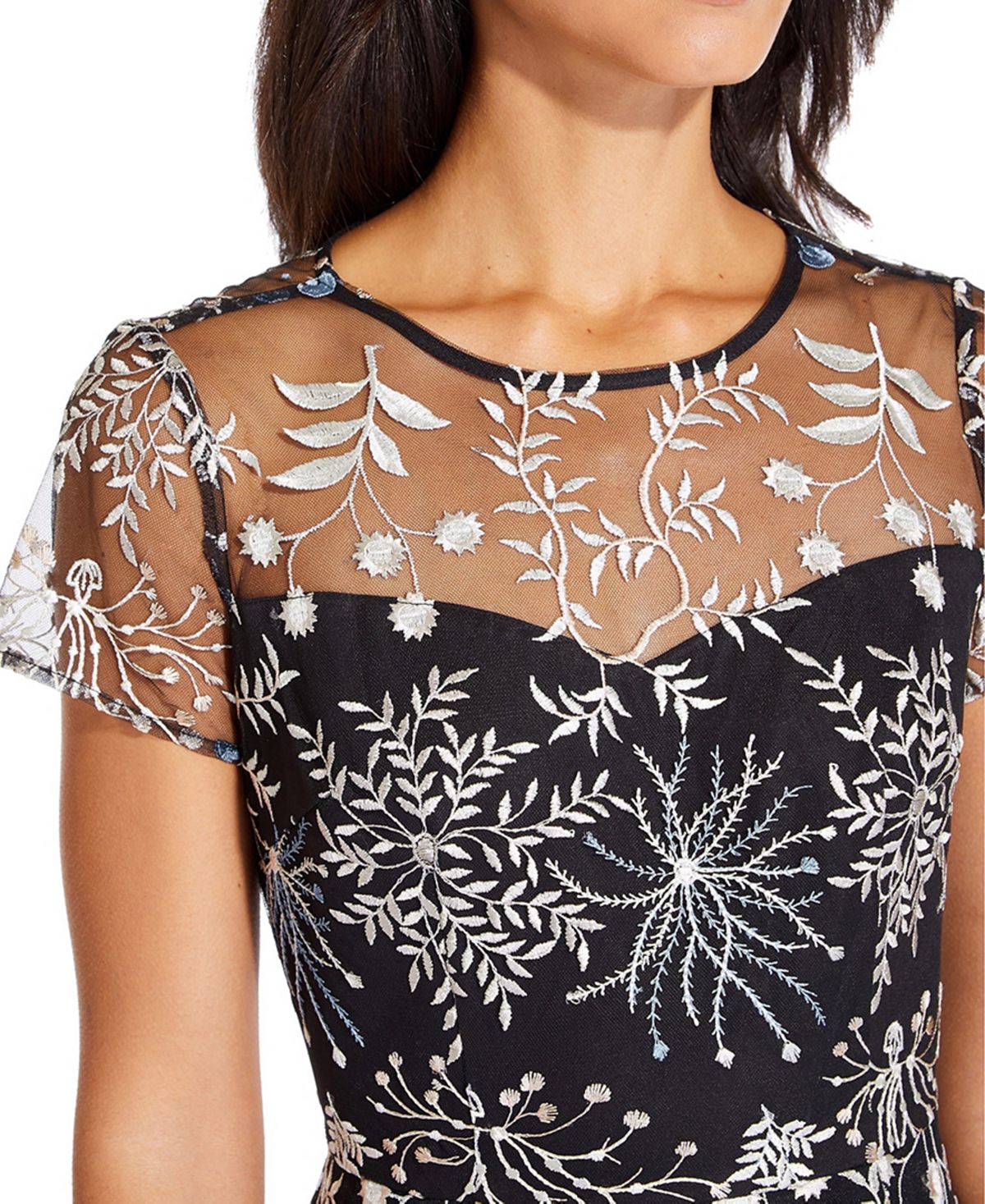 Vestido feminino Adrianna Papell com decote ilusão bordado, preto, tamanho 10