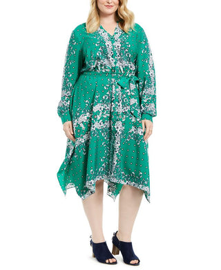 Vestido feminino plus size com estampa mista e bainha em lenço, verde, tamanho 2X