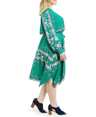 Vestido feminino plus size com estampa mista e bainha em lenço, verde, tamanho 2X