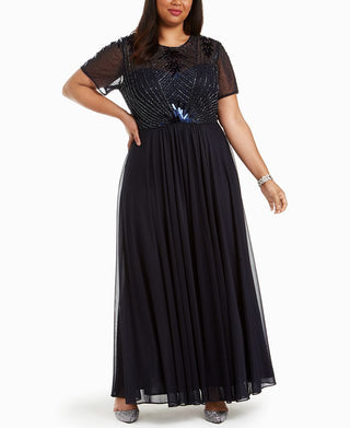 Vestido de noite feminino Betsy &amp; Adam Plus, azul marinho, tamanho 16W