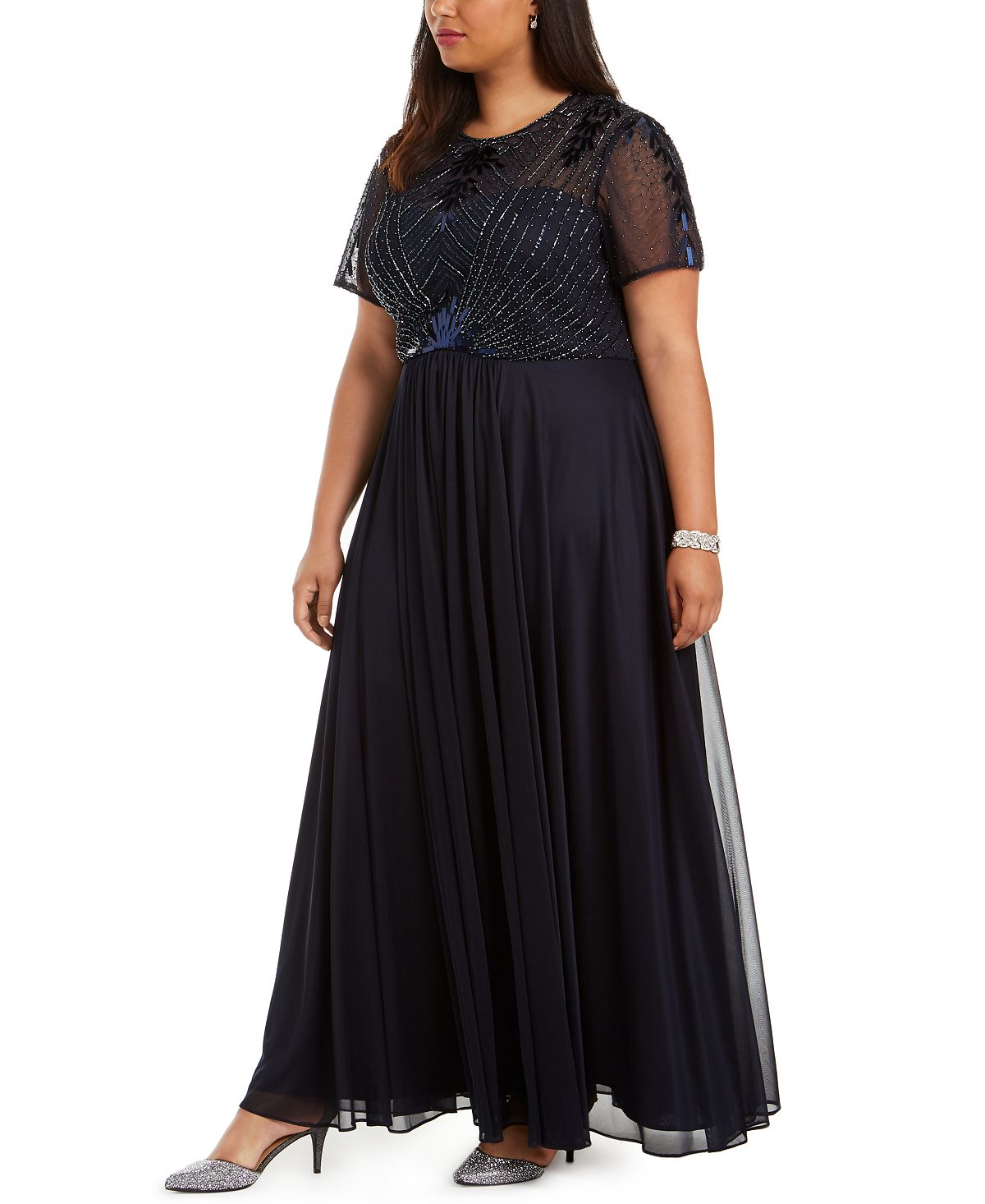 Vestido de noite feminino Betsy &amp; Adam Plus, azul marinho, tamanho 16W