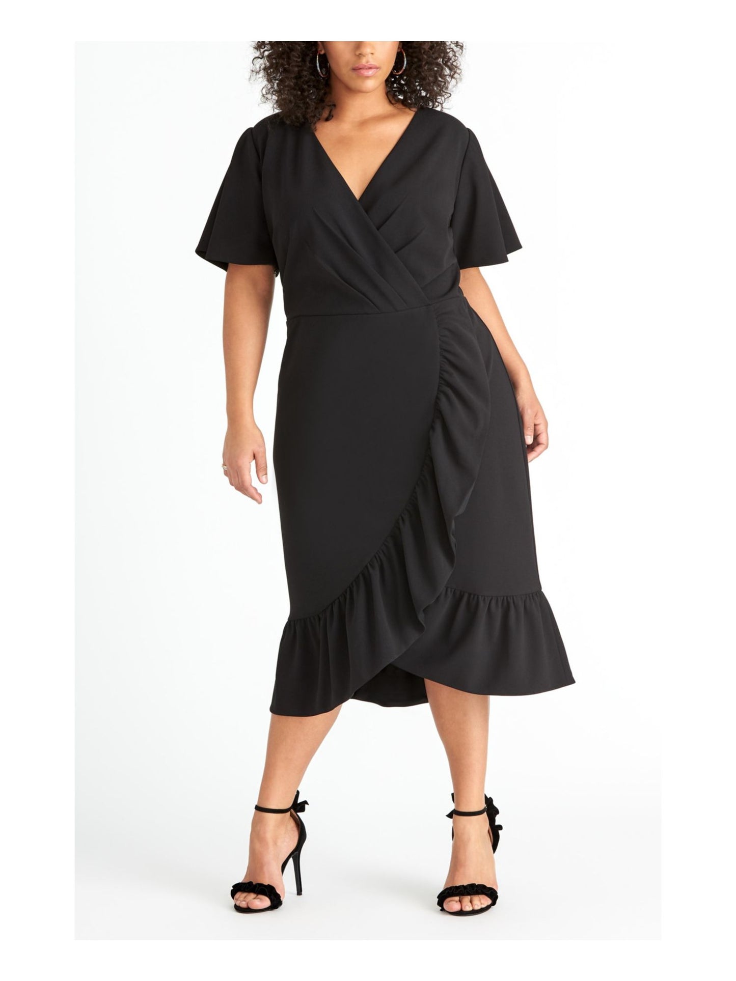 Vestido feminino Rachel Roy com babados, manga curta, decote em V, comprimento chá, falso, para usar no trabalho, preto, tamanho 16W