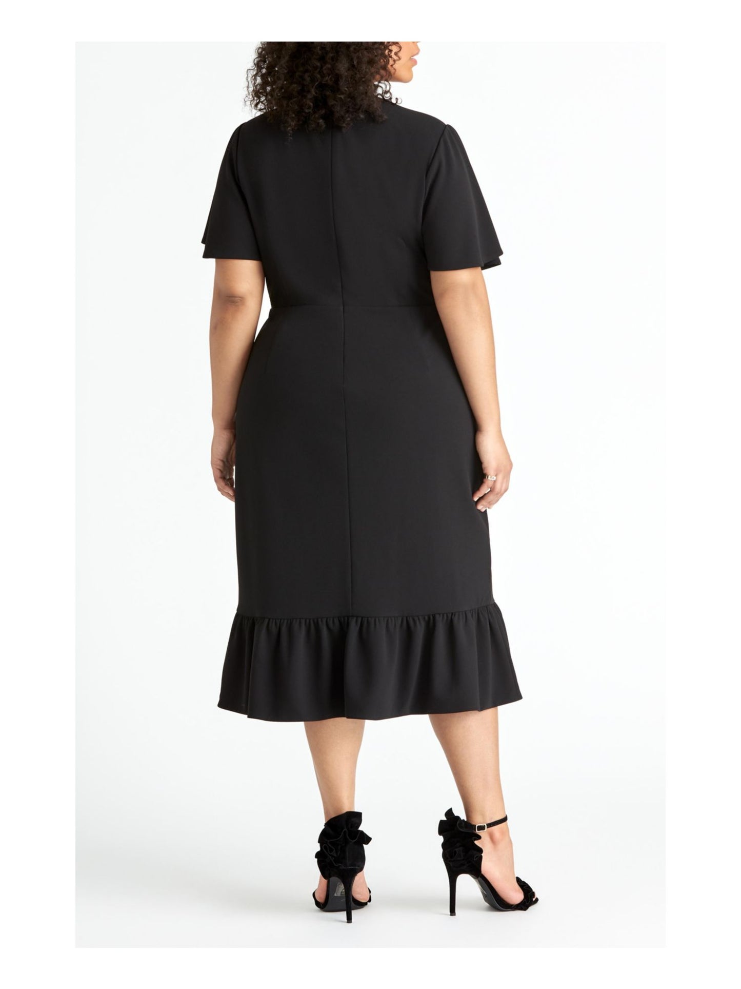 Vestido feminino Rachel Roy com babados, manga curta, decote em V, comprimento chá, falso, para usar no trabalho, preto, tamanho 16W
