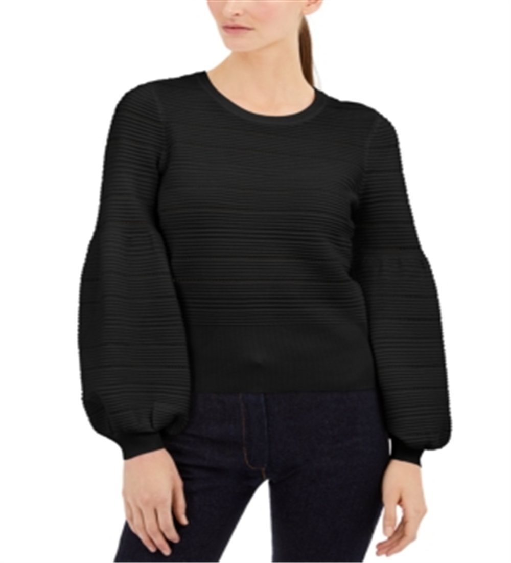 Suéter feminino de malha canelada com gola redonda, tamanho grande, preto, da INC International Concepts